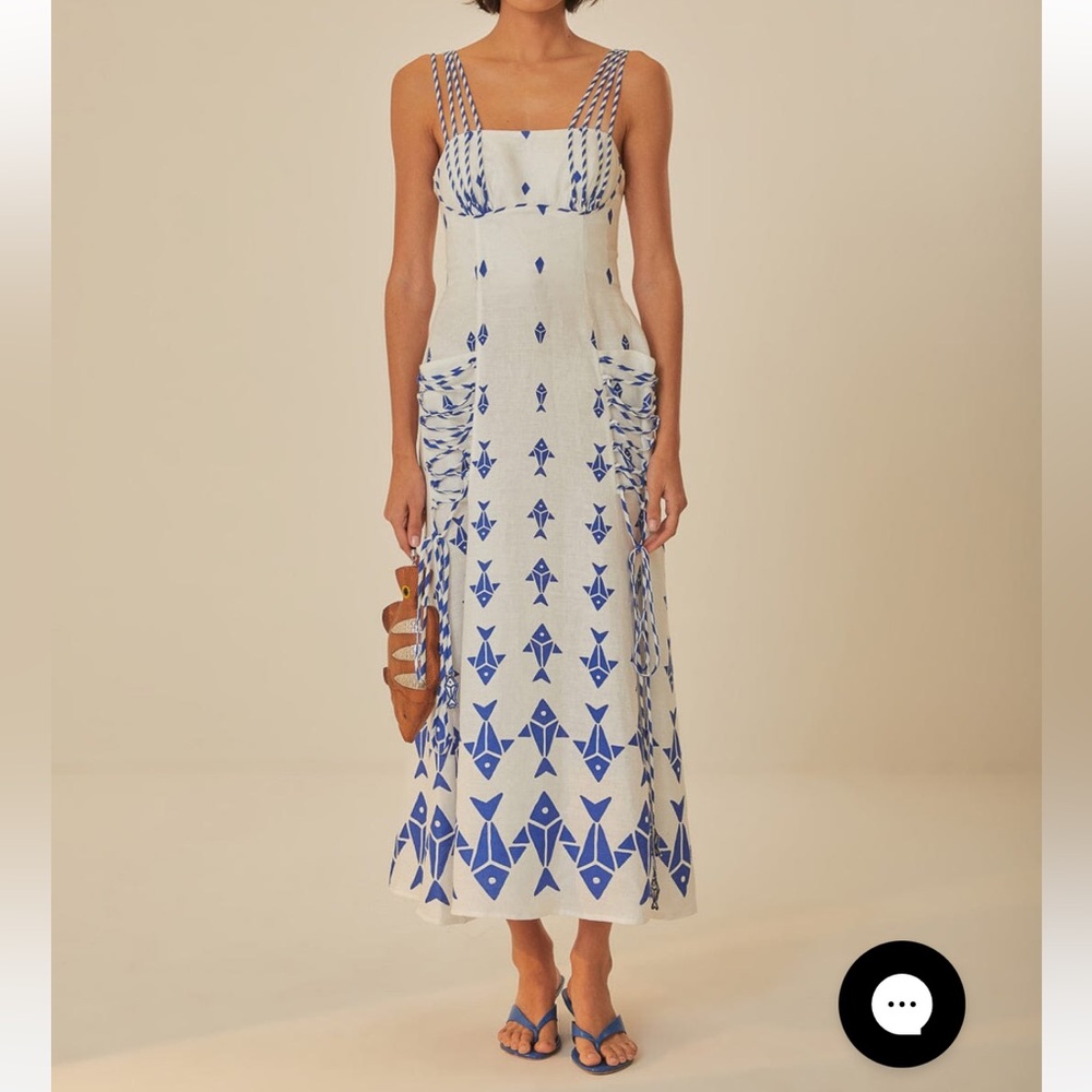 Farm Rio Off White Graphic Fishes Euroflax Premium Linen Maxi Dress